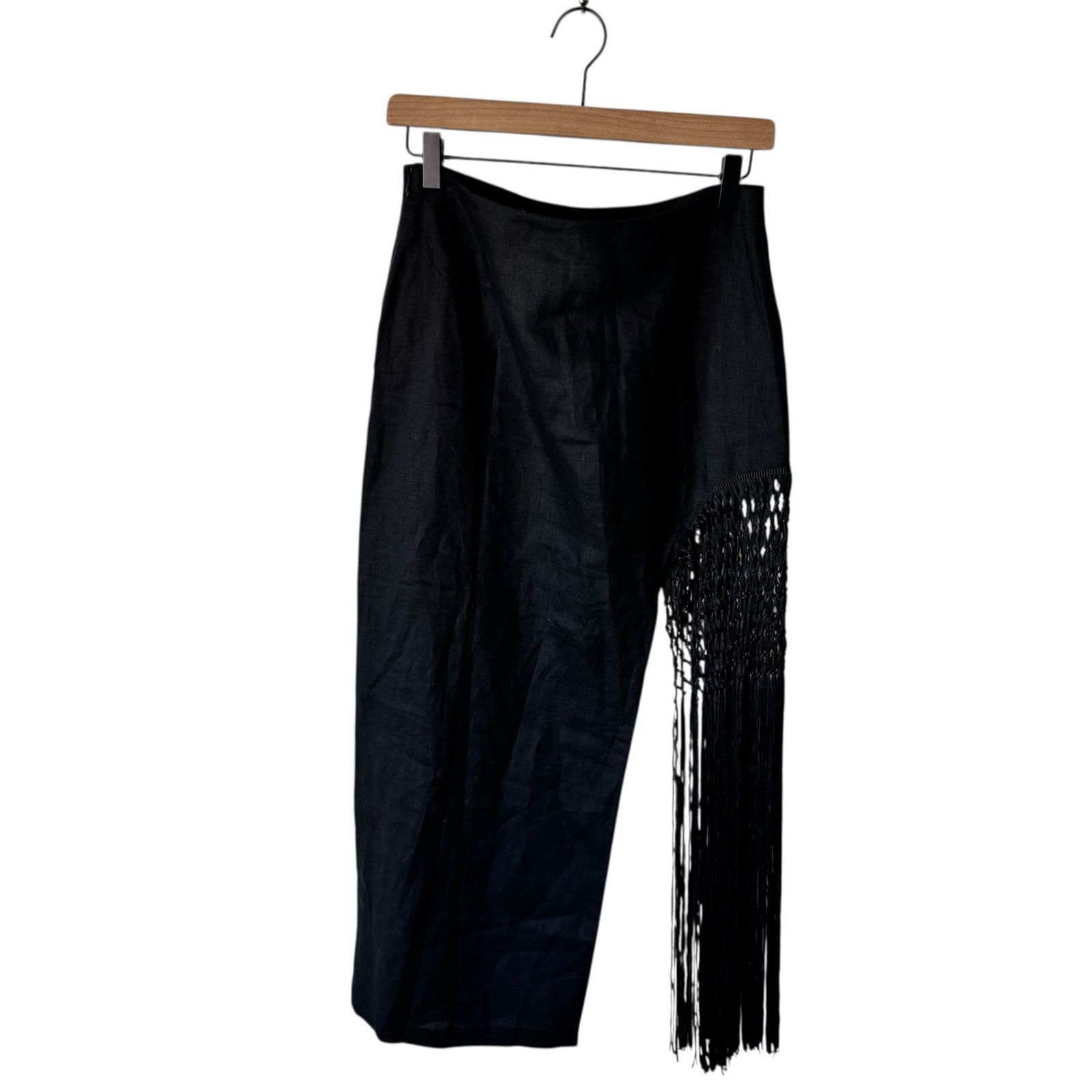 Zara ZARA High Rise Linen Macrame Fringe Midi Skirt Black Small Size 30" / US 8 / IT 44 - 2 Thumbnail
