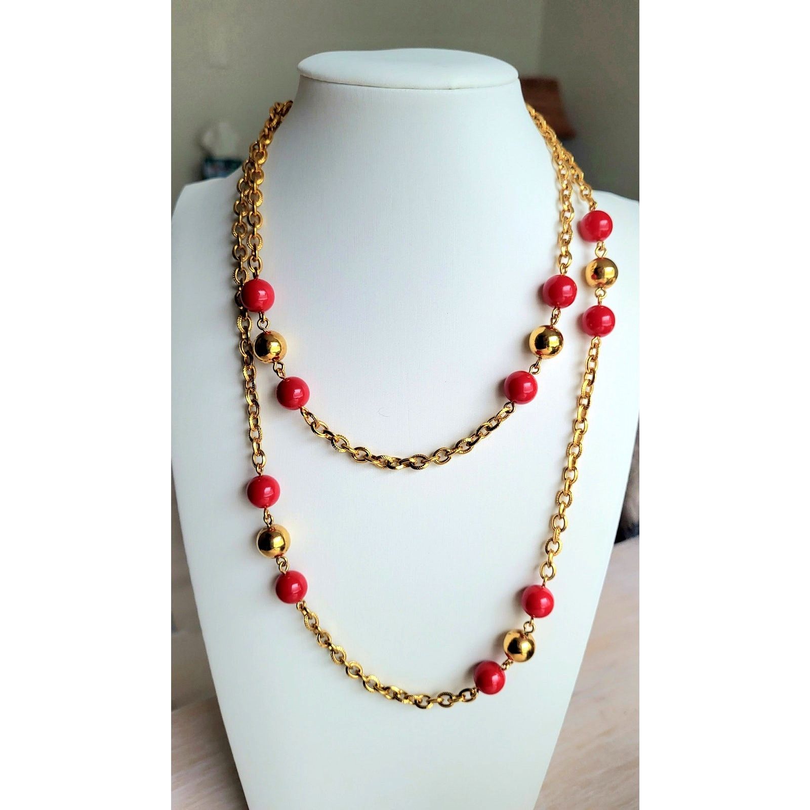 Monet Vintage Monet 35” Long Station Necklace Red & Gold Beads Size ONE SIZE - 1 Thumbnail