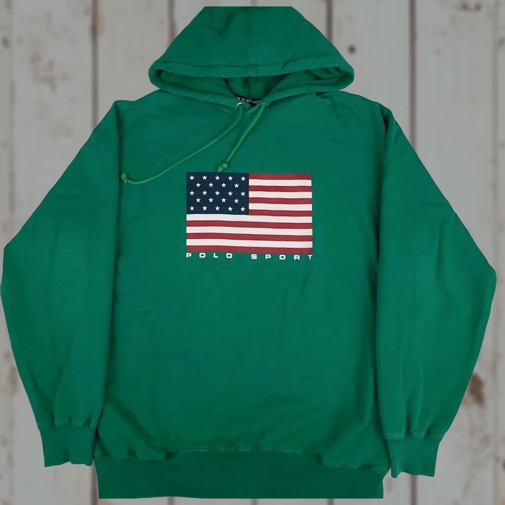 Vintage VINTAGE Polo Sport Ralph Lauren USA Flag Hoodie Green L Men’s 90s Reg Pullover Crew Neck Size US L / EU 52-54 / 3 - 1 Thumbnail