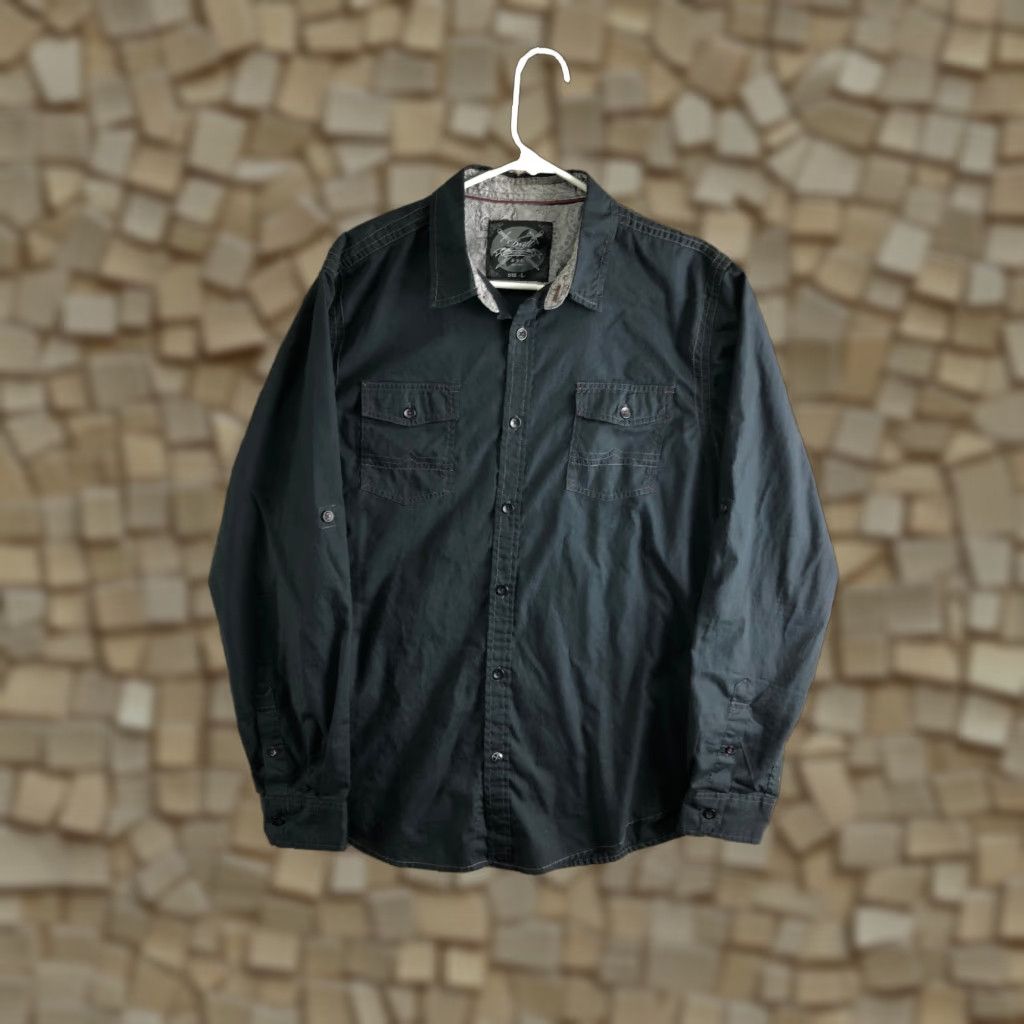 Vintage Drill Mens Large Solid Black Long Sleeve Button-Up Spread Collar Shirt Shirt Men's Black Long Sleeve Button-Up Drill Clothing Casual Size US L / EU 52-54 / 3 - 1 Thumbnail