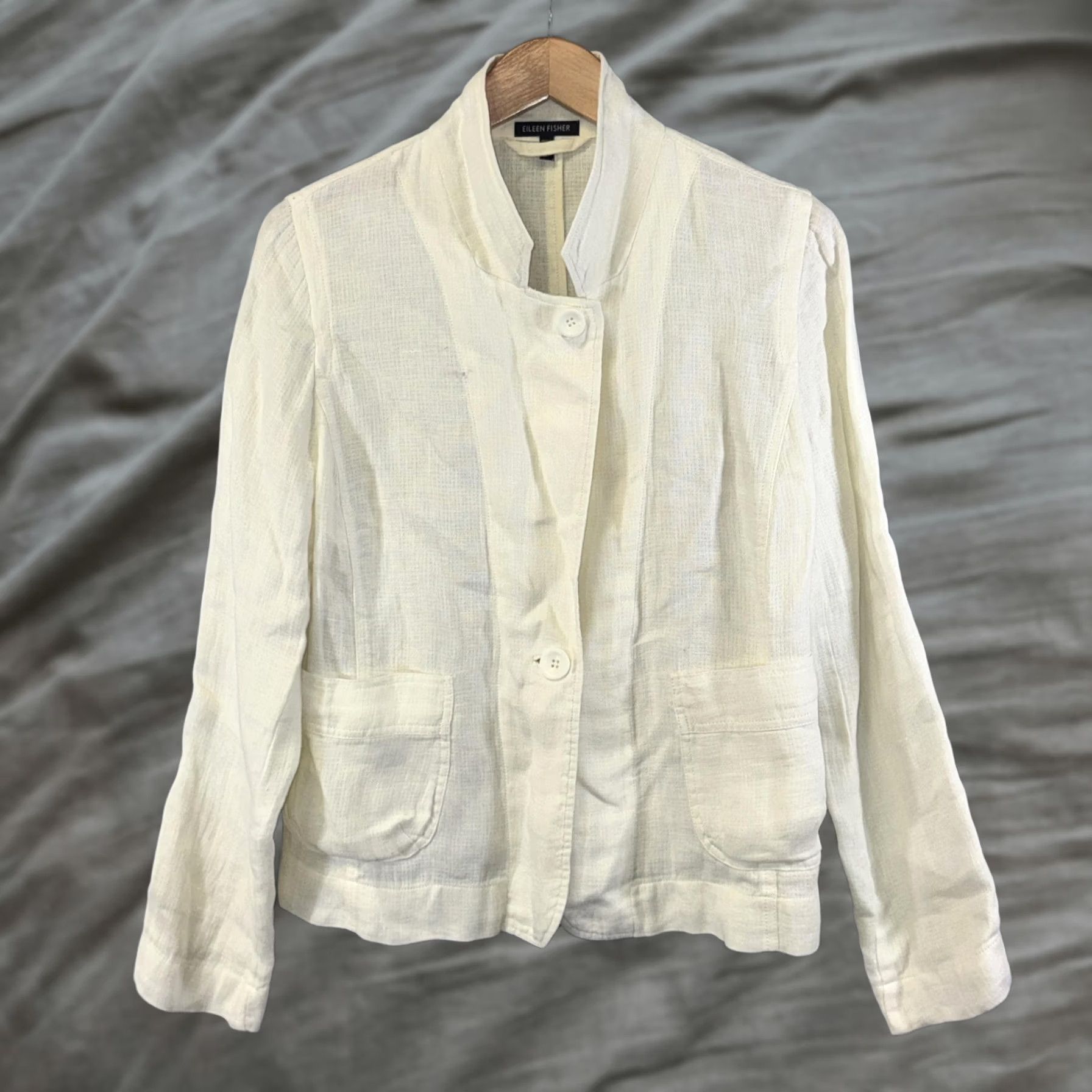 Eileen Fisher Eileen Fisher Blazer Womens Medium White Linen Stand Collar Casual Jacket Blazer Button Pockets Short Sleeve Unlined Size M / US 6-8 / IT 42-44 - 1 Thumbnail