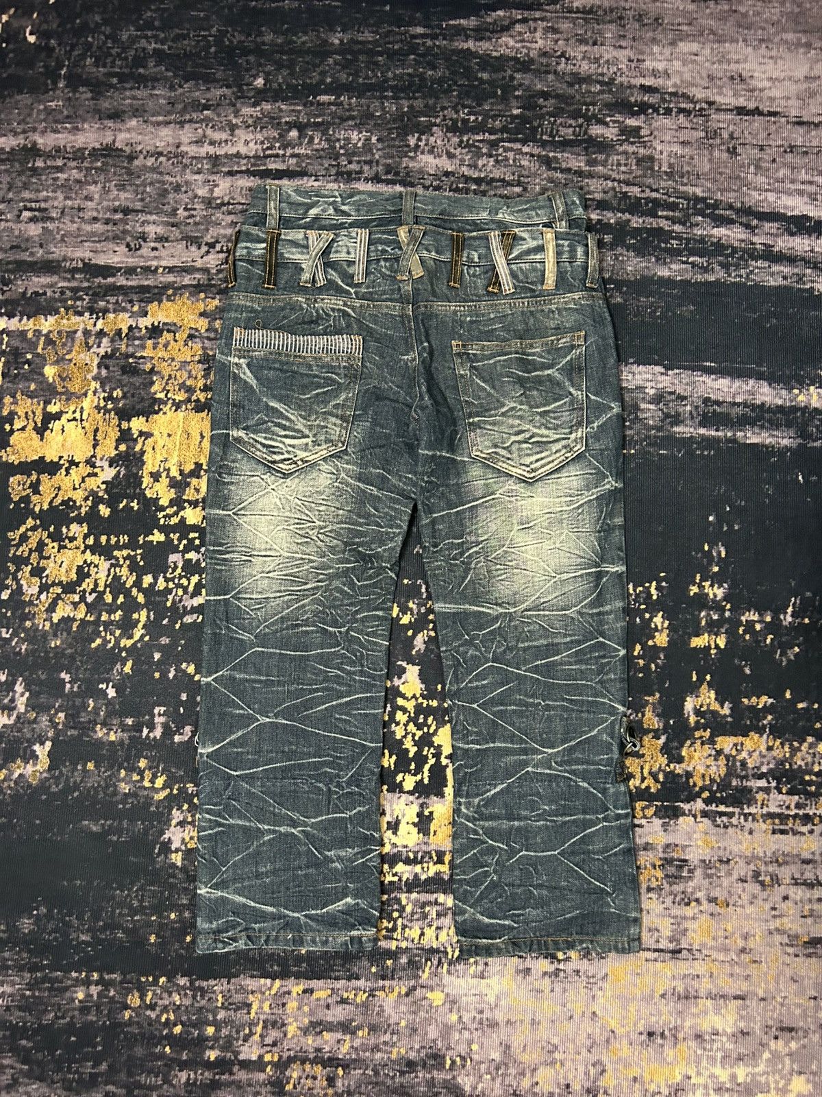 Japanese Brand NYLAUS Doublle Waist Mud Claw Mark Cropped Jeans Size US 31 - 2 Thumbnail