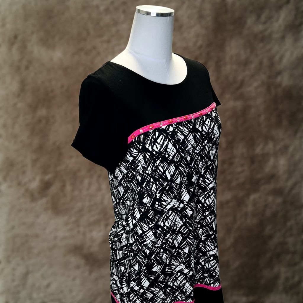 Pinko Joyous & Free Dress Women's M Black Pink Colorful Print Short Sleeve Geometric Beaded Knee-Length Tunic Dress Mens Women Size 32" / US 10 / IT 46 - 1 Thumbnail