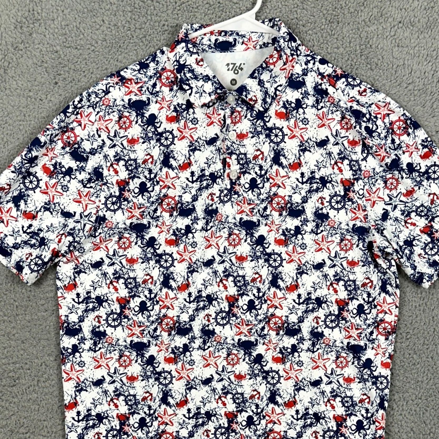 Vintage 1764 Golf Polo Shirt Mens Medium White Geometric Pattern Breathable Short Sleeve Collared Sport Stretch Rugby Size US M / EU 48-50 / 2 - 2 Thumbnail