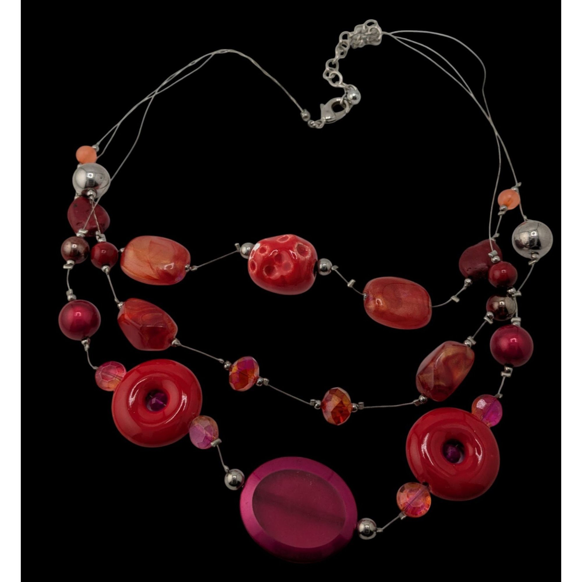 Other Funky Layered Red & Pink Beaded Statement Necklace Size ONE SIZE - 2 Thumbnail