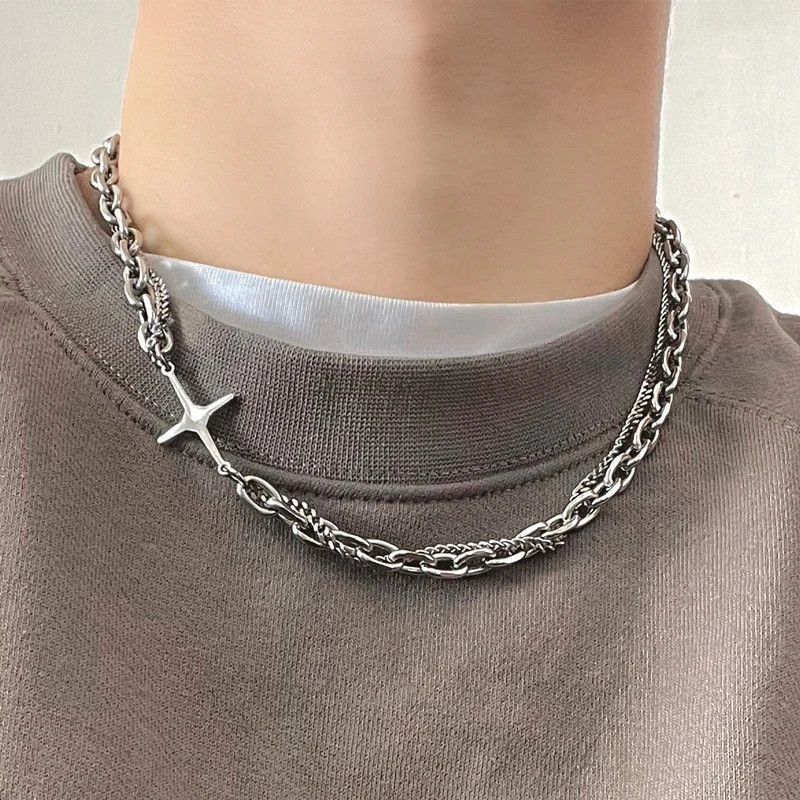 Jewelry Double Layer Splicing Chain Necklaces in Silver, Men's
