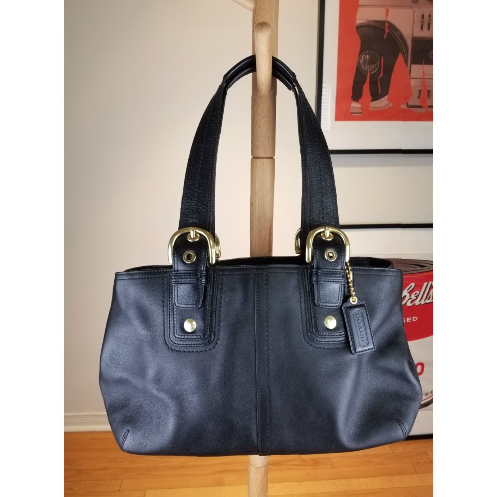 Coach VINTAGE COACH BLACK LEATHER SHOULDER HANDBAG SZ 15X8X5 INCH Womens Bag Leather PVC Checkered Pattern Shoulder Bag Lined 1990s 2000s Size ONE SIZE - 6 Thumbnail
