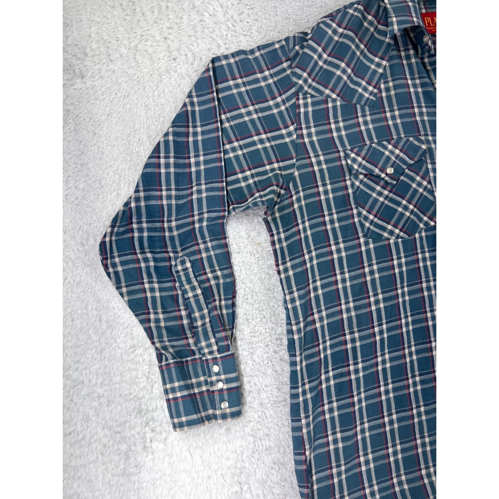 Vintage Plains Shirt Mens Large Blue Beige Plaid Pearl Snap Western Pockets Polyester Size US M / EU 48-50 / 2 - 5 Thumbnail