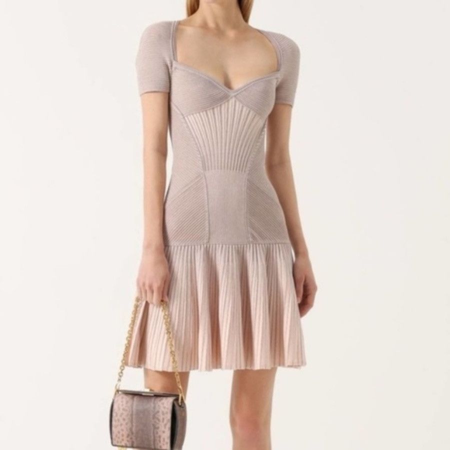 alexander mcqueen pink corset dress Alexander Mcqueen Corset Pink Pearl Striped Knit Metallic Striped  Drop-waist Flare Mini Dress S