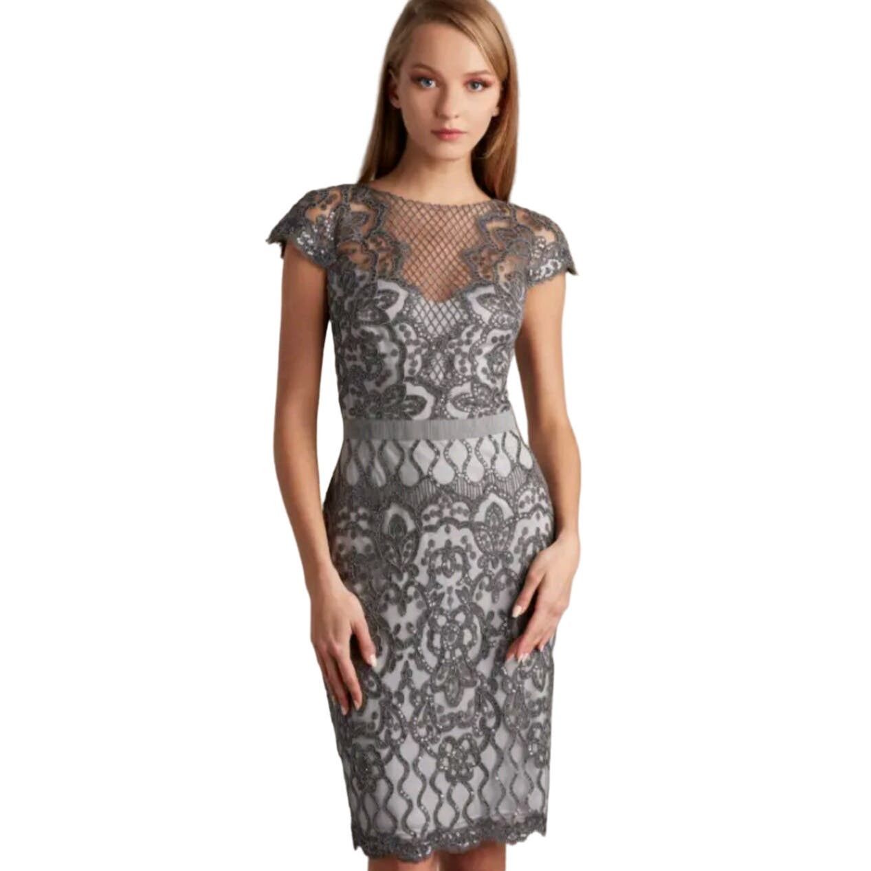 image of Tadashi Shoji Miranda Sequin Embroidered Cocktail Dress in Grey, Women's (Size XL)