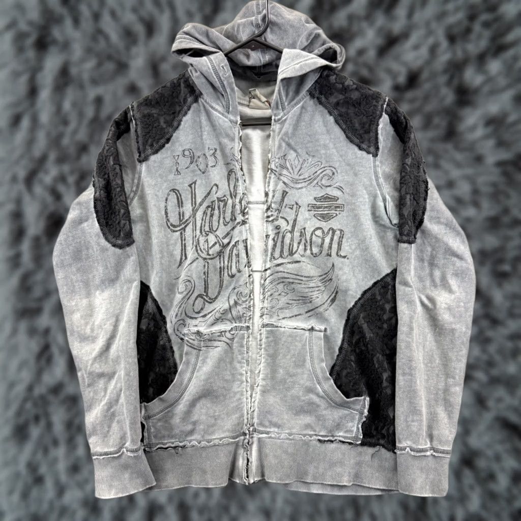 Harley Davidson VINTAGE Harley-Davidson Sweatshirt Womens Large Gray Biker Hoodie Grunge Y2K Logo Full Zip Boy Girls Mens Womens Size L / US 10 / IT 46 - 1 Thumbnail