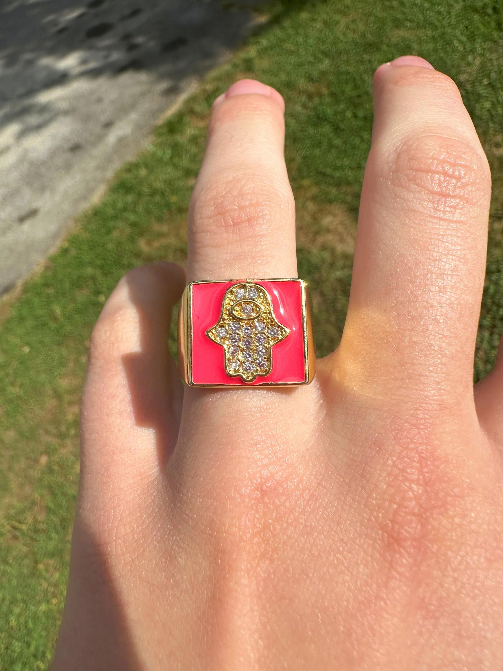Jewelry Pink Enamel / Gold Hamsa Ring Adjustable Sizing Size ONE SIZE - 1 Thumbnail