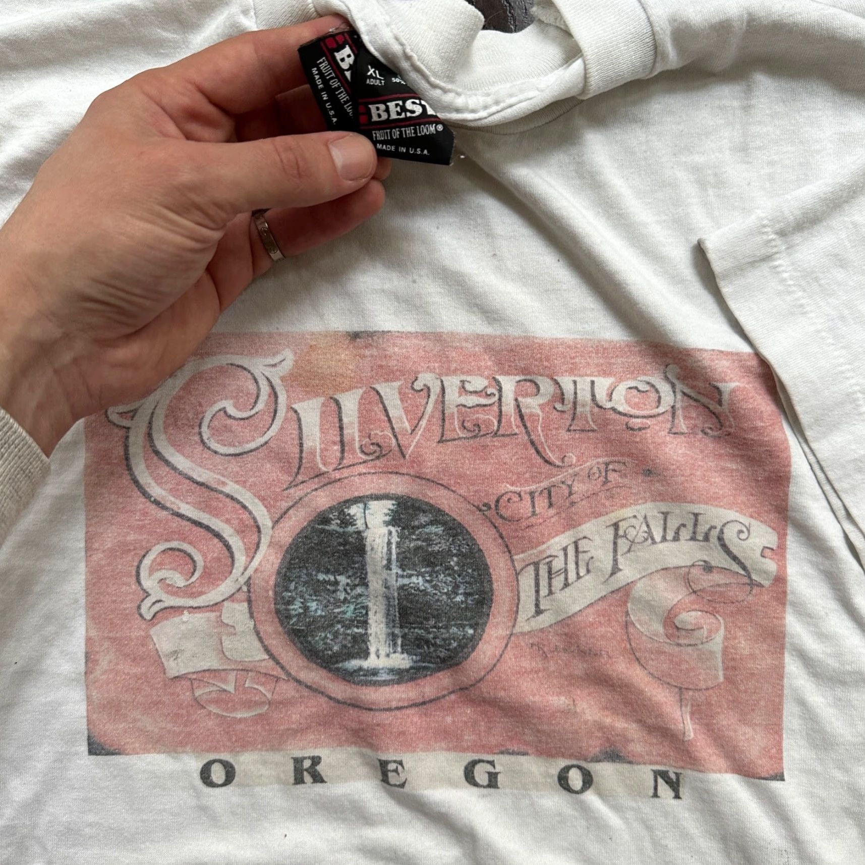Vintage VINTAGE Screen Stars T-Shirt XL White Crew Neck Short Sleeve Men 90s The Falls Silverton Oregon USA VTG Size US XL / EU 56 / 4 - 2 Thumbnail