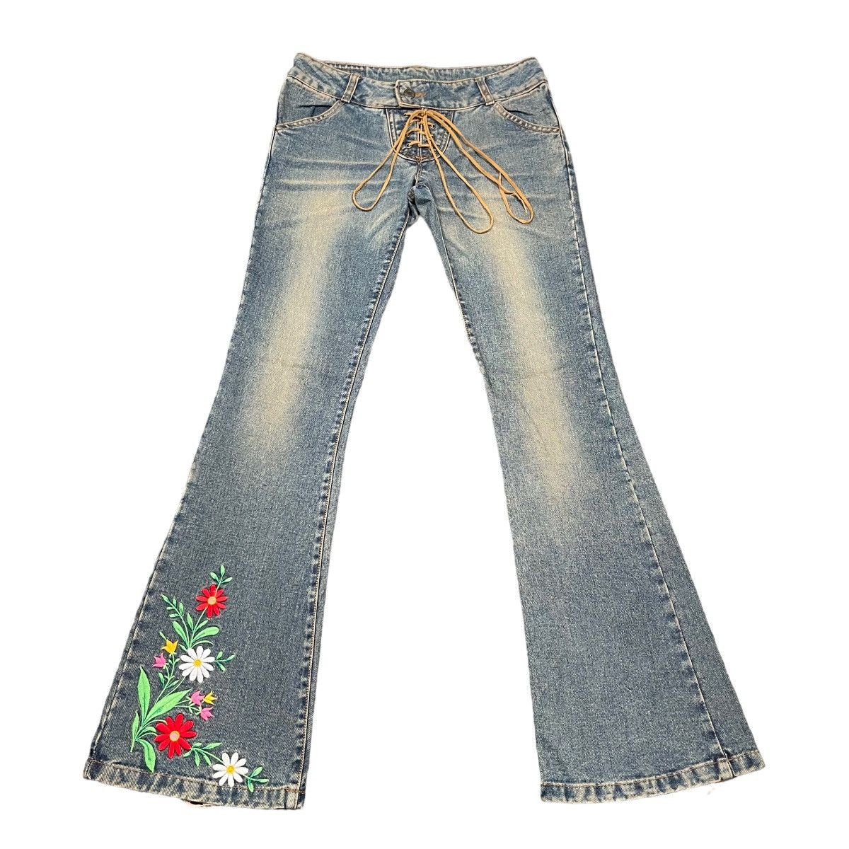 If Six Was Nine × Le Grande Bleu (L.G.B.) × Tornado Mart Flare Jeans Floral Embroidered Lace Washed Lolita Denim Size US 28 / EU 44 - 1 Thumbnail