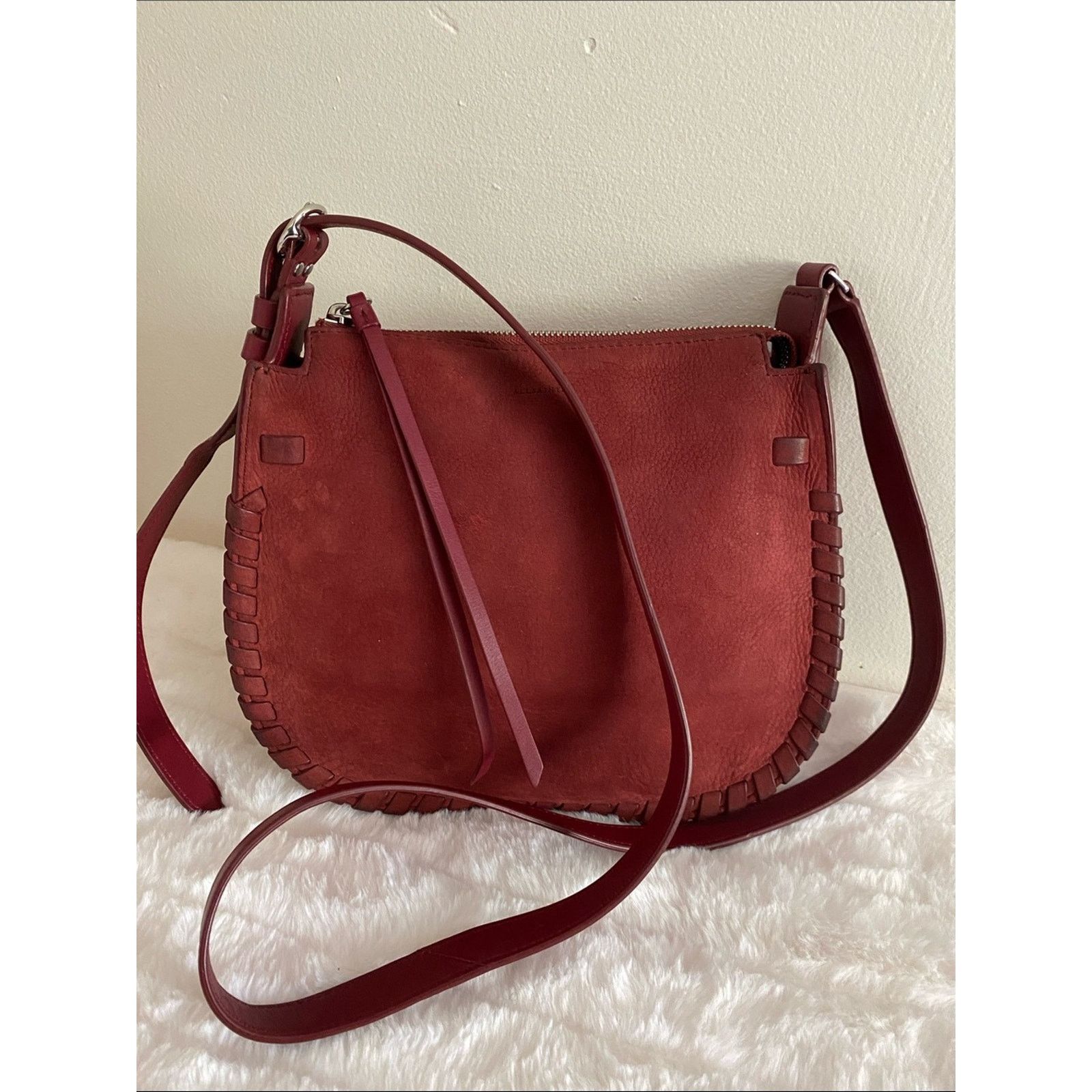 Allsaints All Saints Mori Whipstitch Suede Crossbody Bag in Maroon Size ONE SIZE - 1 Thumbnail