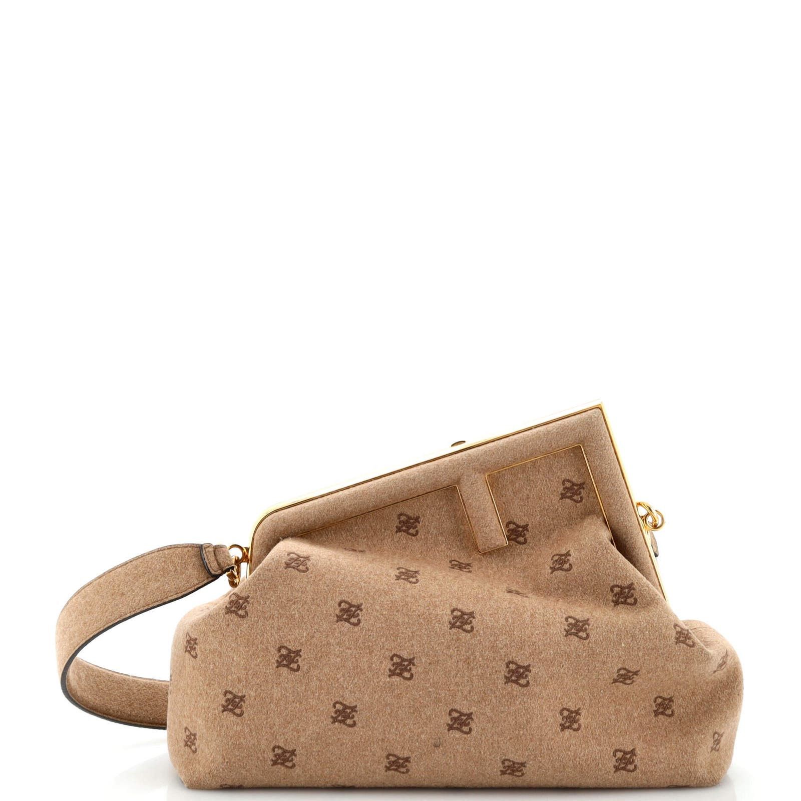 image of Fendi First Bag Ff Karligraphy Flannel Medium in Beige, Women's