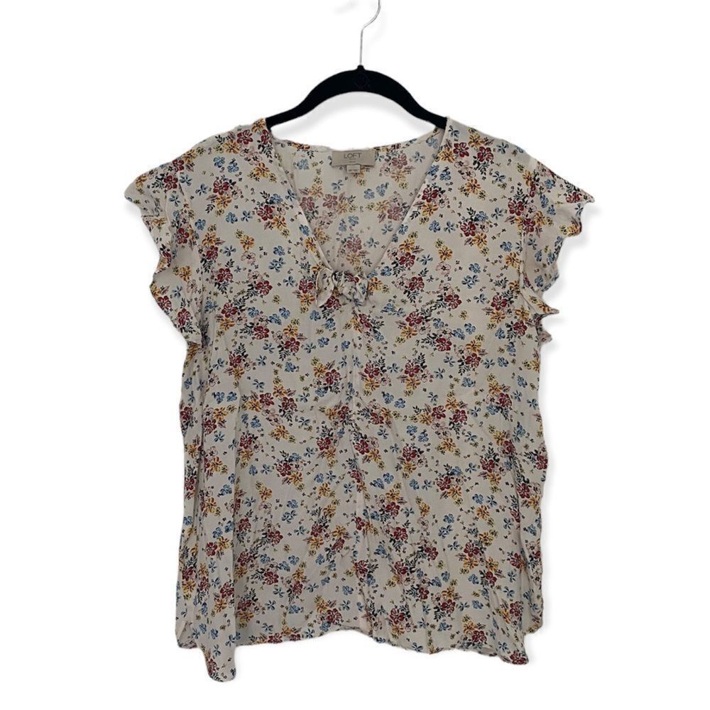 Loft Ann Taylor LOFT Women’s Size MP White Floral Blouse Short Sl Size M / US 6-8 / IT 42-44 - 2 Thumbnail