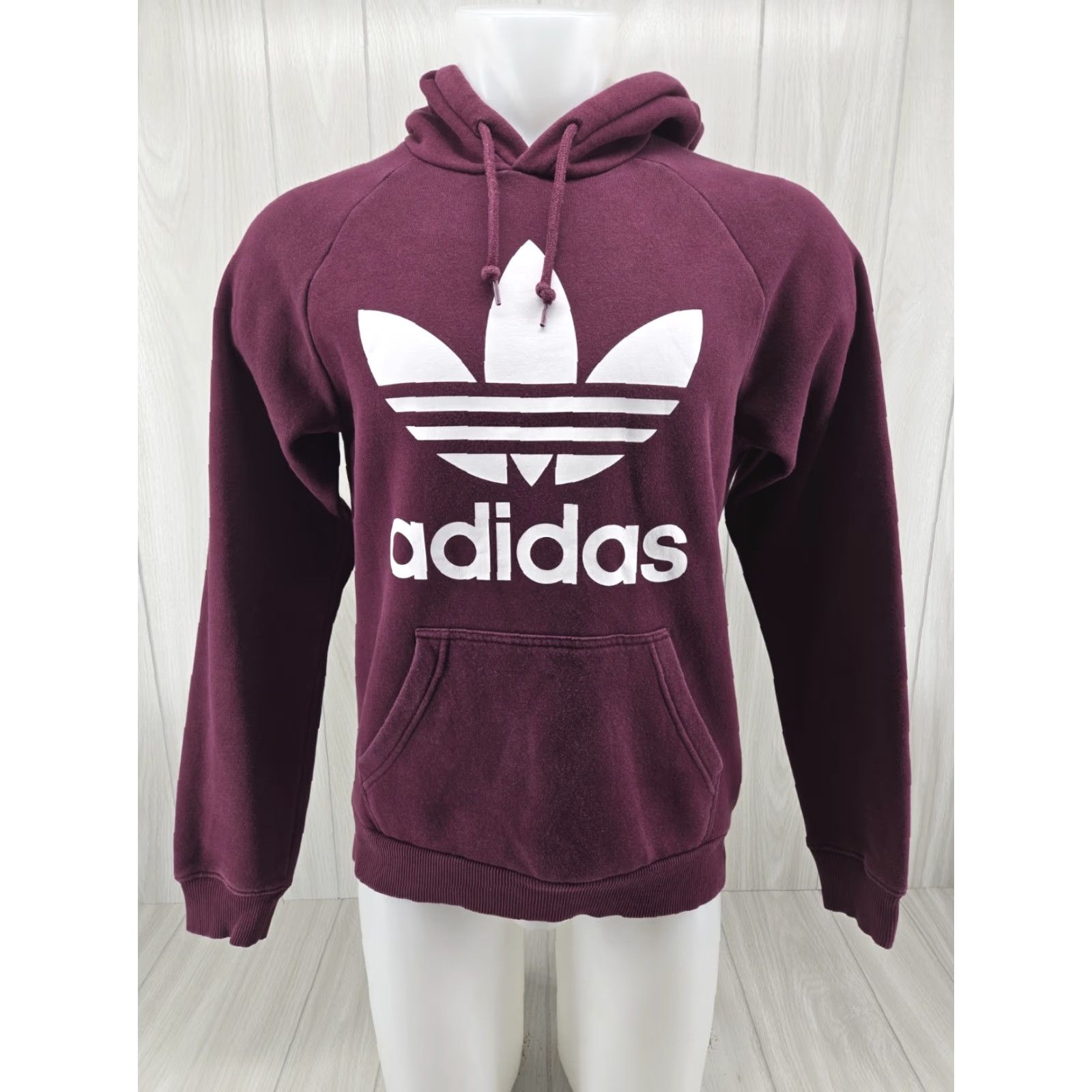 Adidas Adidas Trefoil Spellout Hooded Pullover Jacket Hoodie Sweatshirt Small Mens Burgundy 100% Cotton Athletic Casual Autumn Winter Spring Size US S / EU 44-46 / 1 - 2 Thumbnail