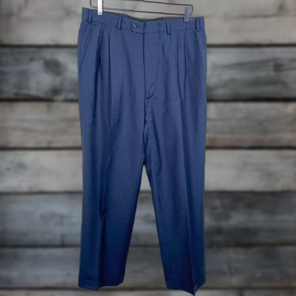 Vintage VINTAGE Angelico Tasmania Wool Pleated Trousers Men's 34 x 28.5 Dark Blue Cuffed Pants Wool Pleated Trousers Size US 35 - 1 Thumbnail