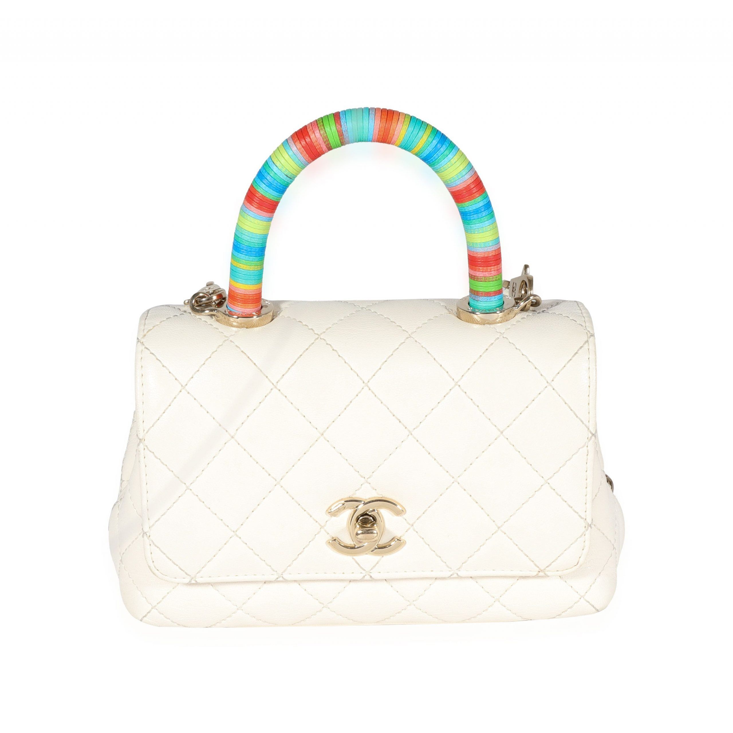 image of Chanel White Quilted Goatskin Extra Mini Rainbow Coco Top Handle Flap Bag, Women's