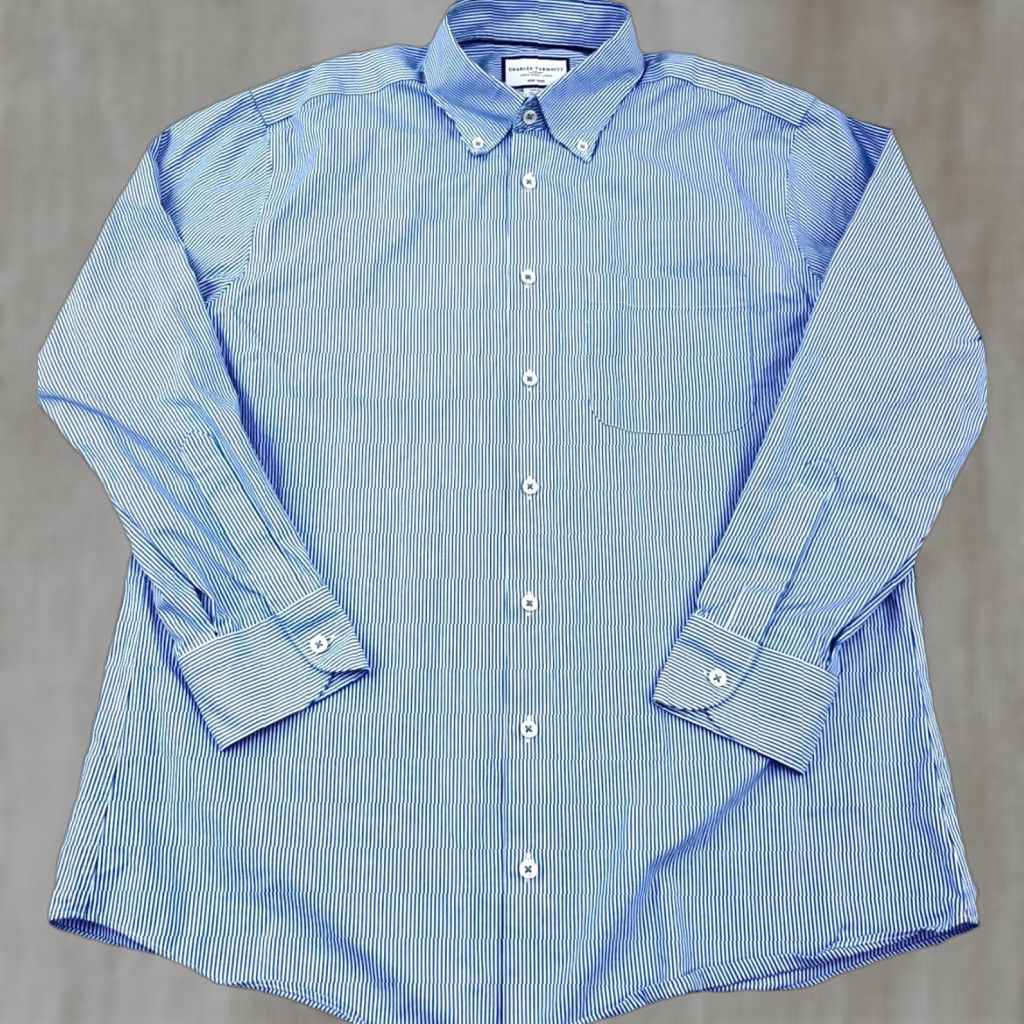 Charles Tyrwhitt Charles Tyrwhitt Shirt Men 16.5 33 Slim Button-Up Striped Poplin Blue Cotton Knit? (Correction) Size 46R - 1 Thumbnail