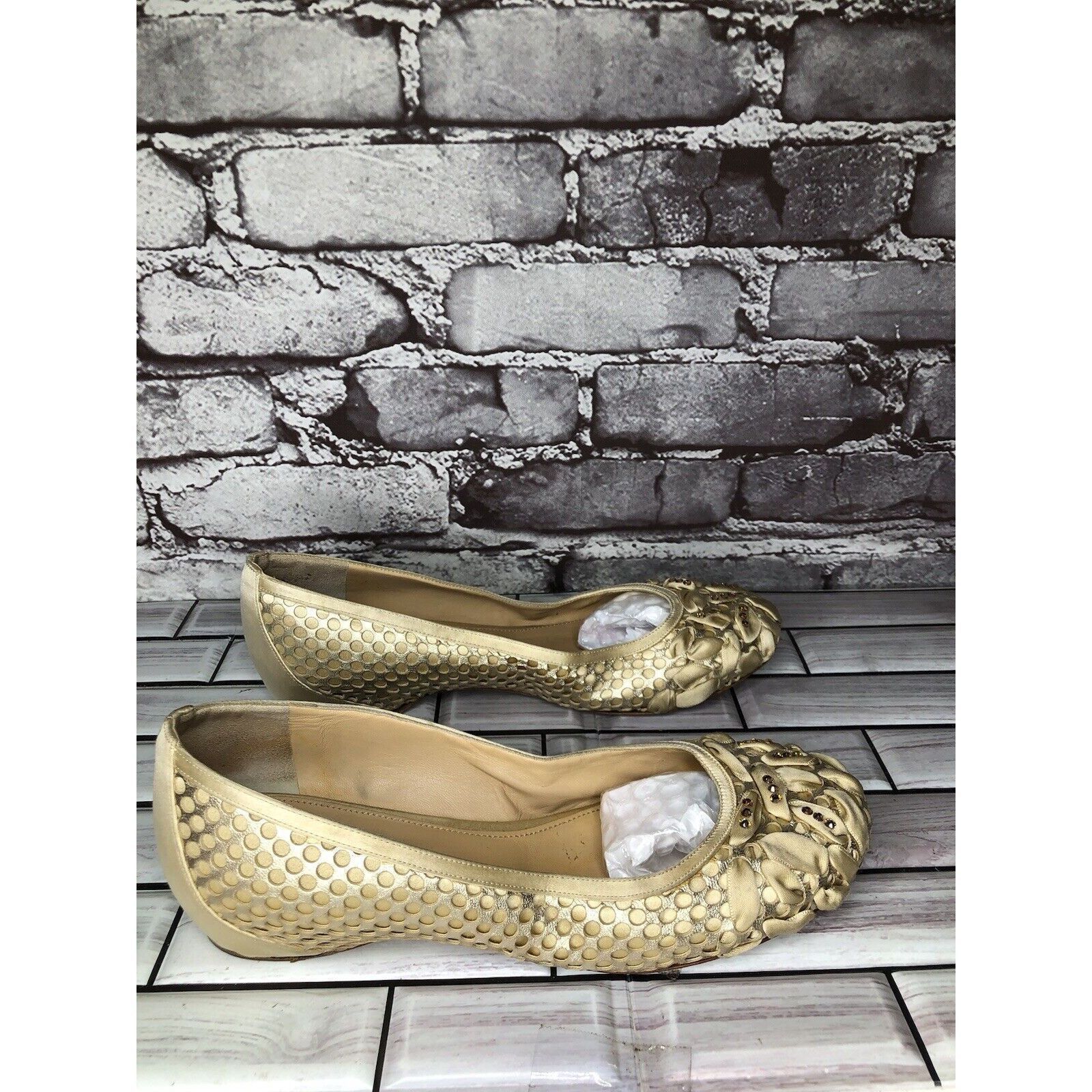 Other Rodo Beige Gold Silk Gem Rhinestone Low Pump Ballet Flats Wo Size US 7.5 / IT 37.5 - 11 Thumbnail