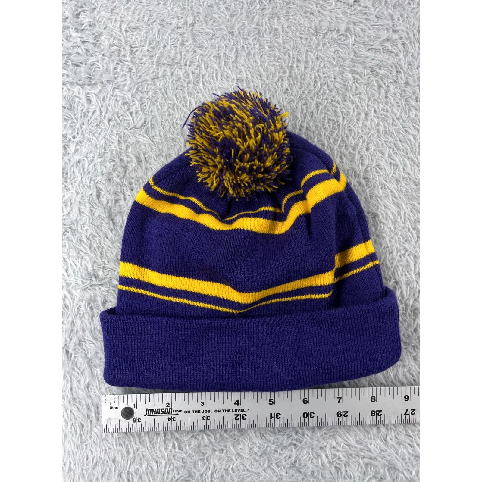 Holloway Holloway Beanie Toque Unisex Adults One Size Purple Yellow Stripe Knit Acrylic Pom Hat Size ONE SIZE - 5 Thumbnail