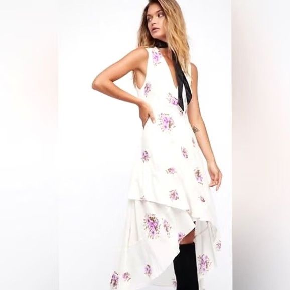 Free People Free People Sundress Women Hi-Low Ruffle Sun Dress White Purple Boho Floral Sleeveless V-Neck 4 Regular Size S / US 4 / IT 40 - 2 Thumbnail