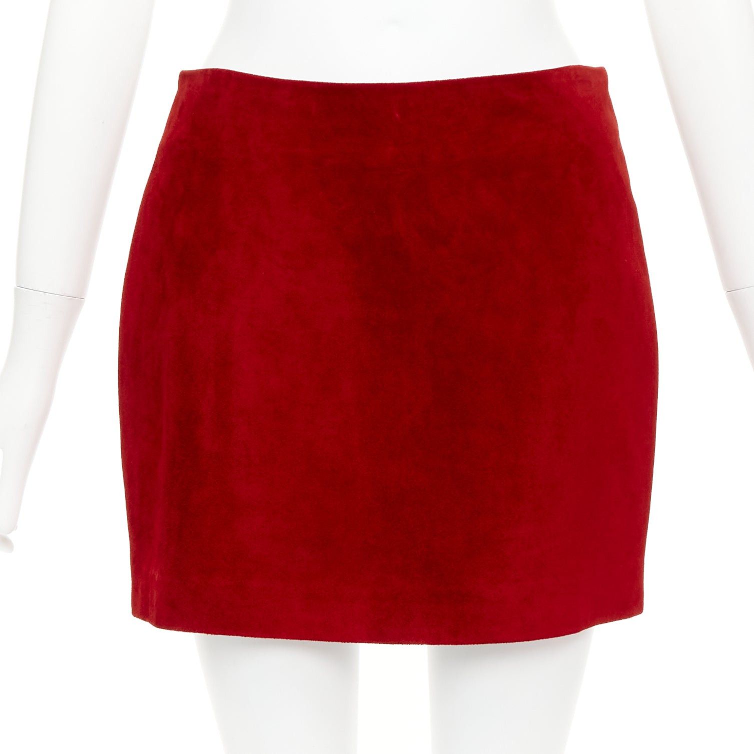 Saint Laurent Paris SAINT LAURENT 2019 red suede leather back dart mini skirt FR38 M Size 28" / US 6 / IT 42 - 1 Thumbnail