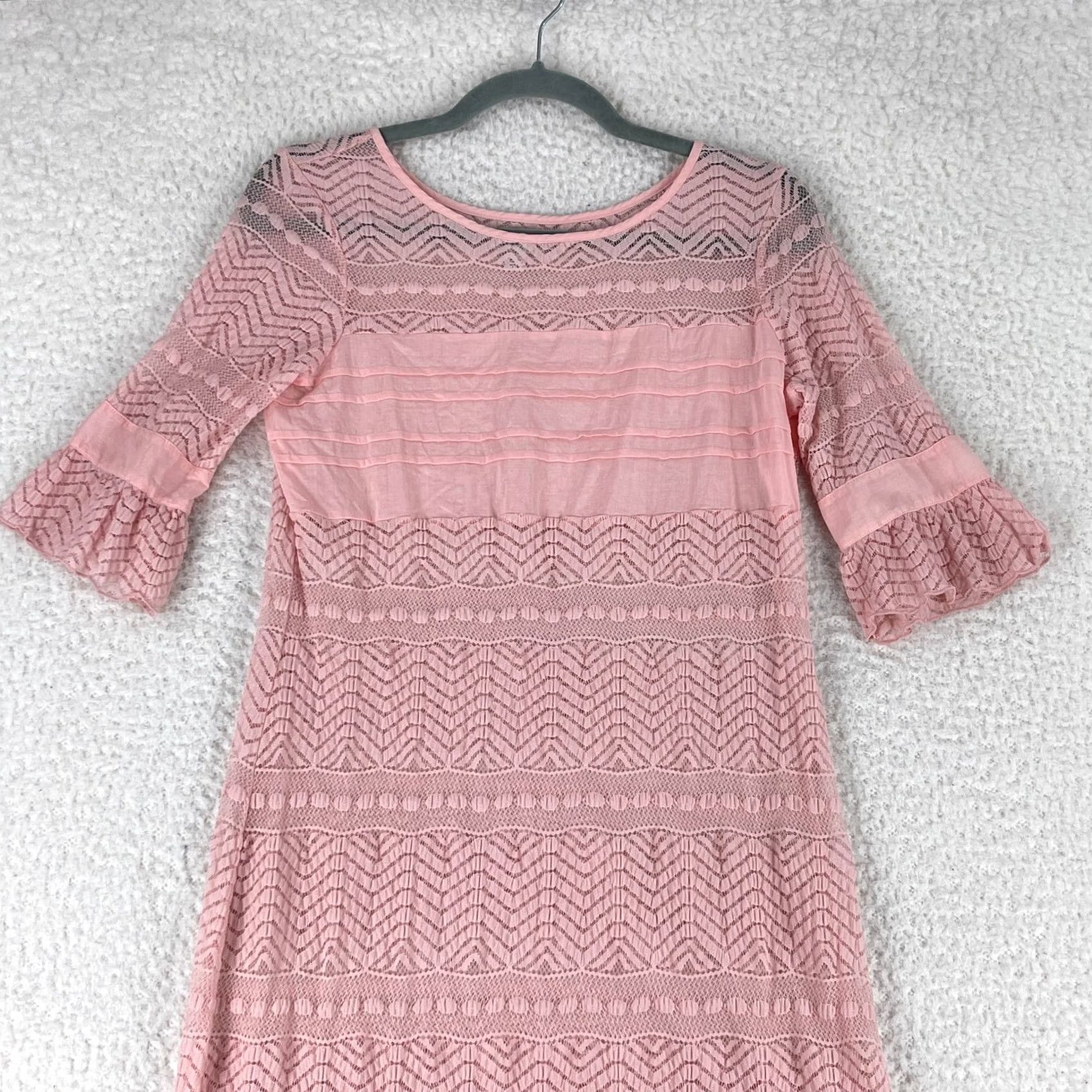 Vintage Kimchi Blue Pink Lace A-Line Dress Womens Medium Bell Sleeve Ruffle Floral Casual Bohemian Short Dress Size M / US 6-8 / IT 42-44 - 2 Thumbnail