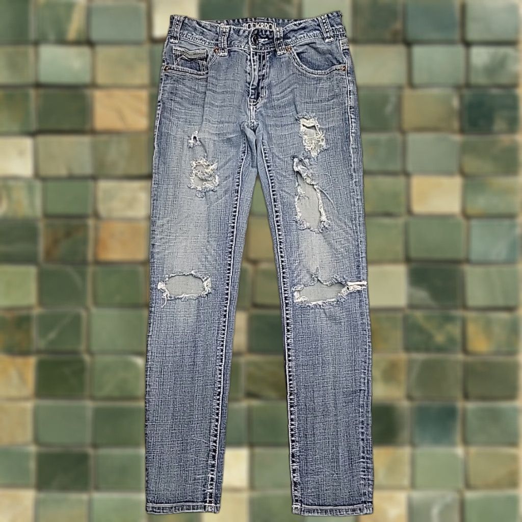 Denime Rock & Roll Cowgirl Jeans Womens 29x32 Faded Distressed Denim Mid Rise Skinny Jeans 90s Western USA Mens Womens Boys Girls Size 29" - 1 Thumbnail