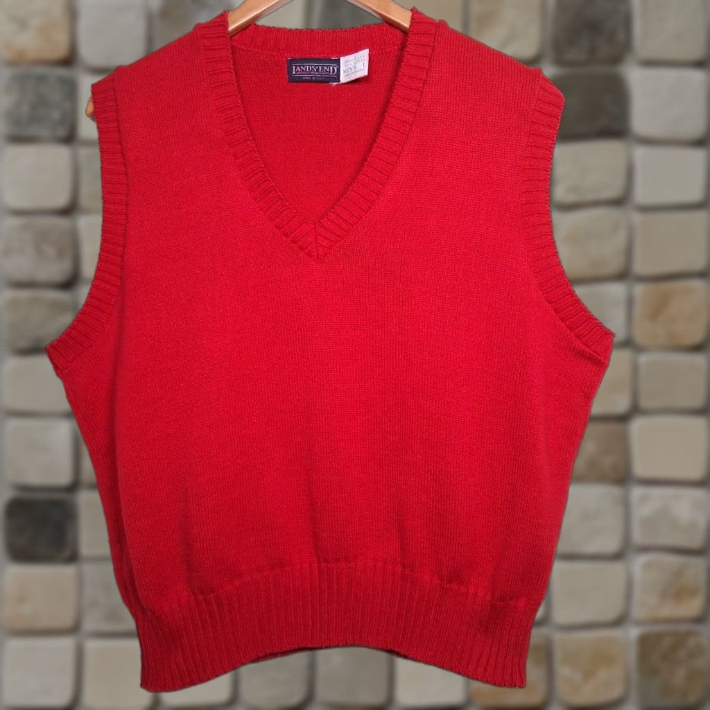 Lands' End VINTAGE Lands' End Sweater Vest Men's L Red 1990s V-Neck Knit Cotton Casual Casual/Office Wear 90s USA Size US L / EU 52-54 / 3 - 1 Thumbnail