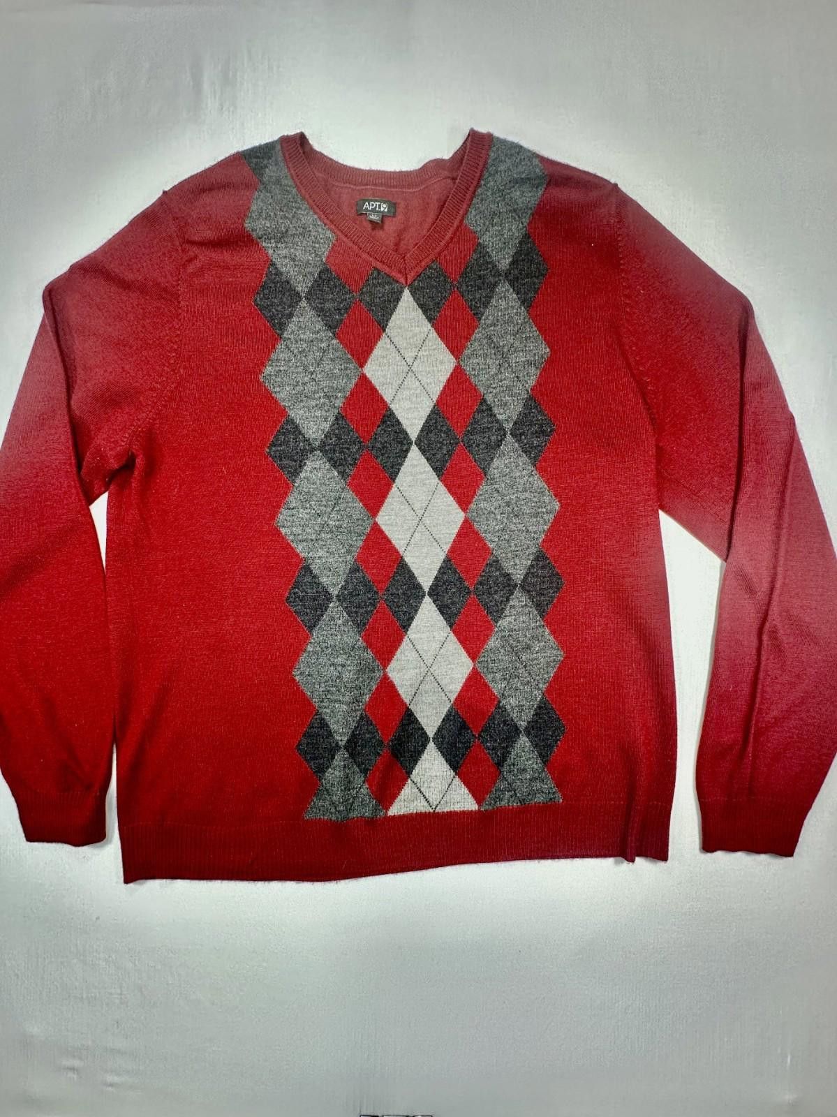 Apt. 9 Apt 9 Merino Wool Blend V-Neck Argyle Sweater Red/Gray XL Size US XL / EU 56 / 4 - 1 Thumbnail