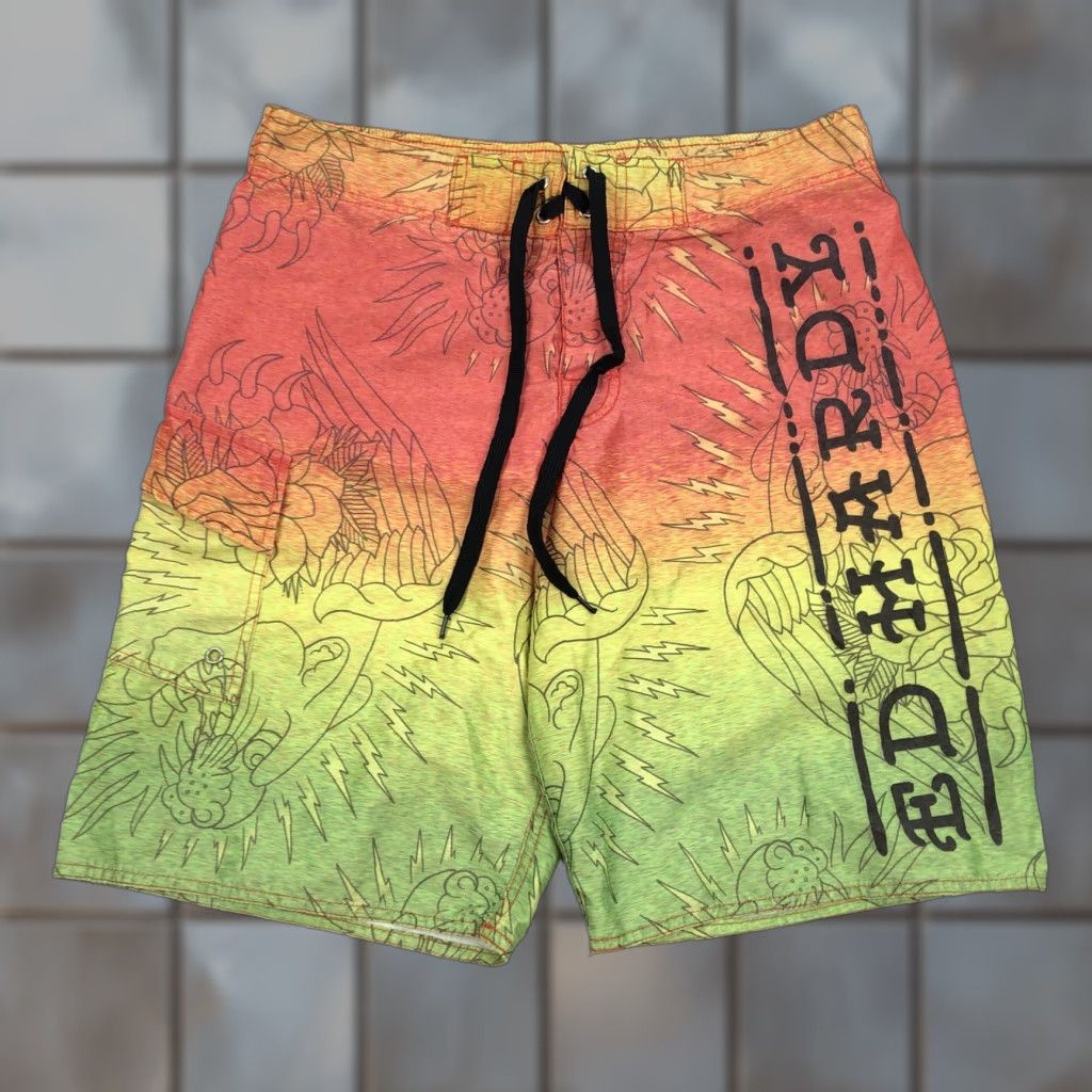 Ed Hardy Ed Hardy Board Shorts Mens S Ombre Tattoo Art Graphic Print Quick Dry Beach Swim Trunks Red Yellow Size US 29 - 1 Thumbnail