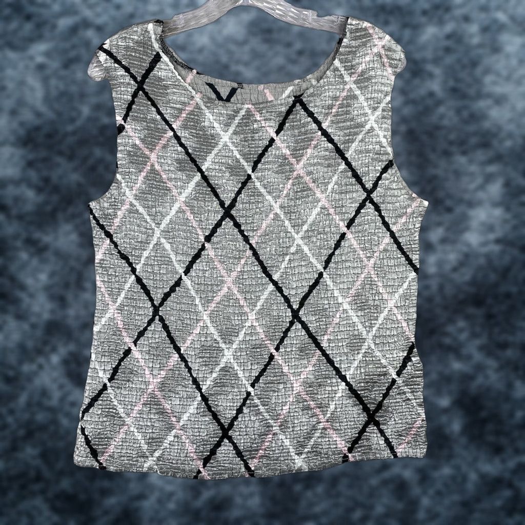 Vintage VINTAGE Casual Corner Top XL Gray Diamond Stripe Stretch Crinkle Sleeveless Size XL / US 12-14 / IT 48-50 - 1 Thumbnail