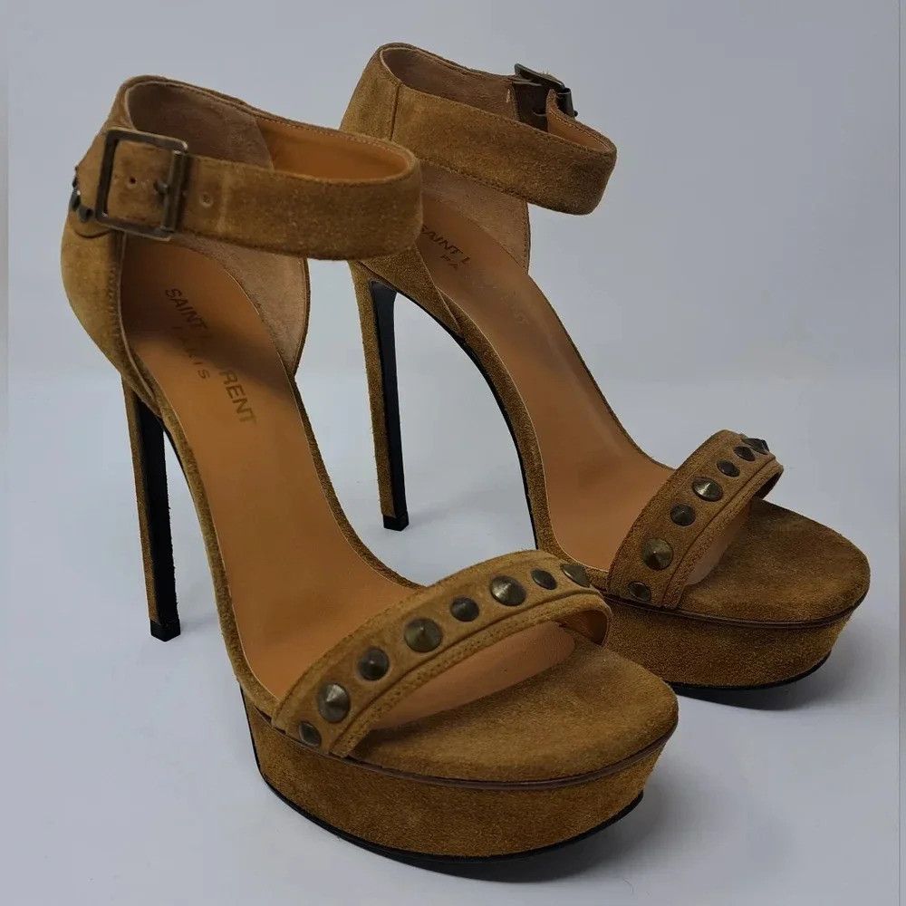 Saint Laurent Paris Saint Laurent Suede Ankle Strap Sandals Heels Buckle Metal Size US 7.5 / IT 37.5 - 1 Thumbnail