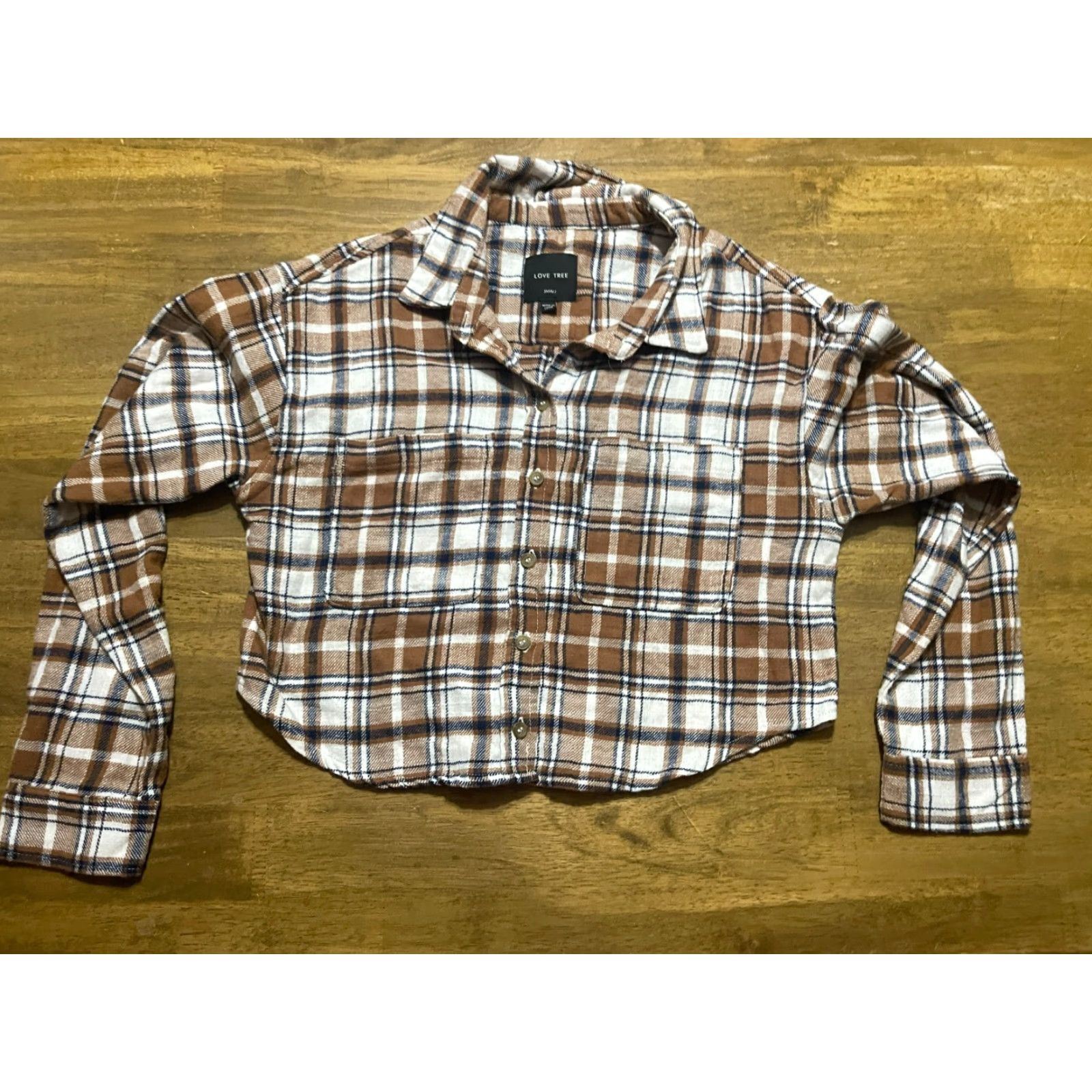Vintage Love Tree Shirt Womens Small Crop Top Button Up Plaid Brown White Black Cropped Fall Spring Long Sleeve Collared Button-Down Womens Size S / US 4 / IT 40 - 2 Thumbnail