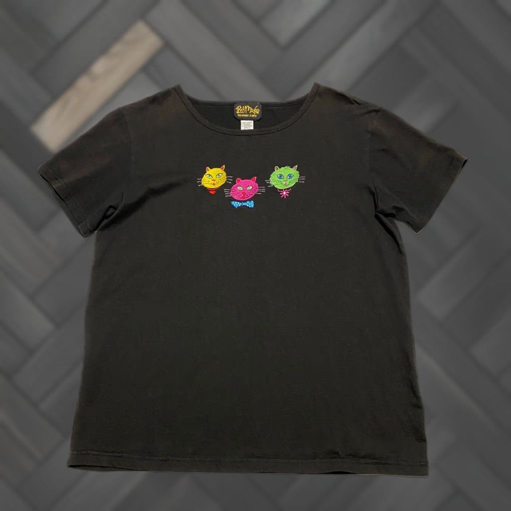 Bob Mackie VINTAGE Bob Mackie Shirt Womens L Black Embroidered Cat Faces Wearable Art 90s Tee Size L / US 10 / IT 46 - 1 Thumbnail