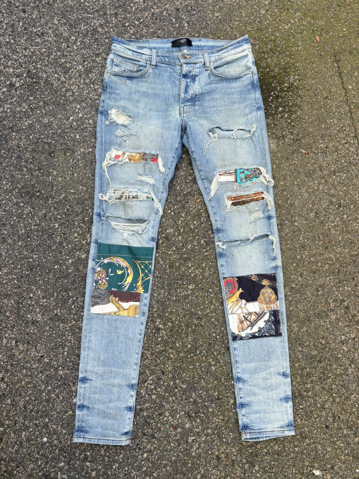 Pre-owned Amiri Indigo Art Scarves Patch Distressed Denim In Blue