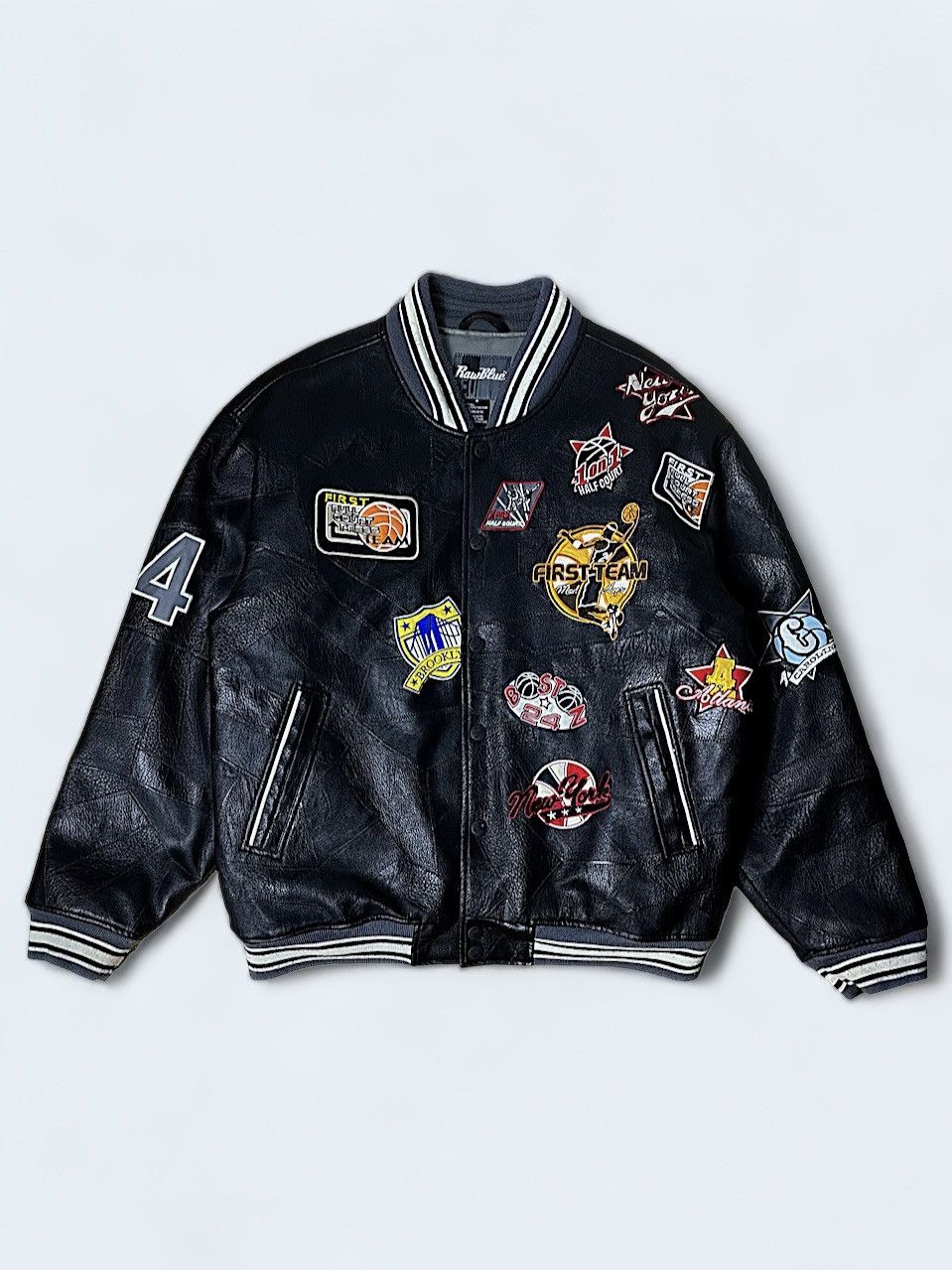 image of Raw Blue Leather Bomber Jacket Nba in Black, Men's (Size Medium)