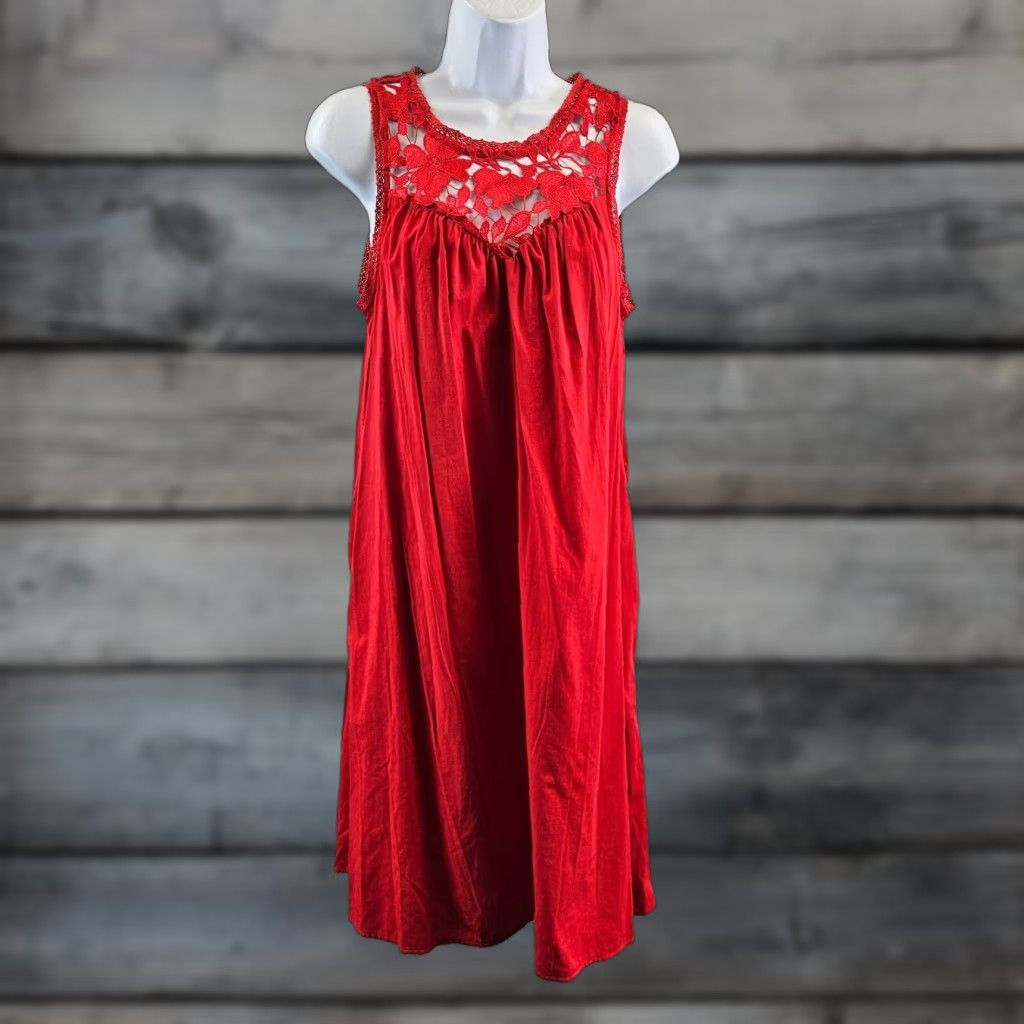 Vintage Knox Rose Womens Dress XS Solid Red Crochet Lace Sleeveless Cotton Blend A-Line Knee Length Womens ا Size XS / US 0-2 / IT 36-38 - 1 Thumbnail