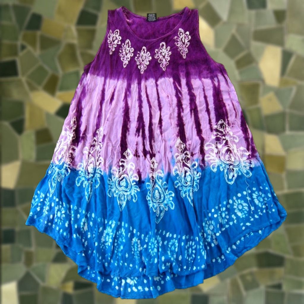 Vintage VINTAGE Pams Collection 100% Rayon Purple Blue Tie Dye Embroidered Tank Sun Dress M-L Size L / US 10 / IT 46 - 1 Thumbnail
