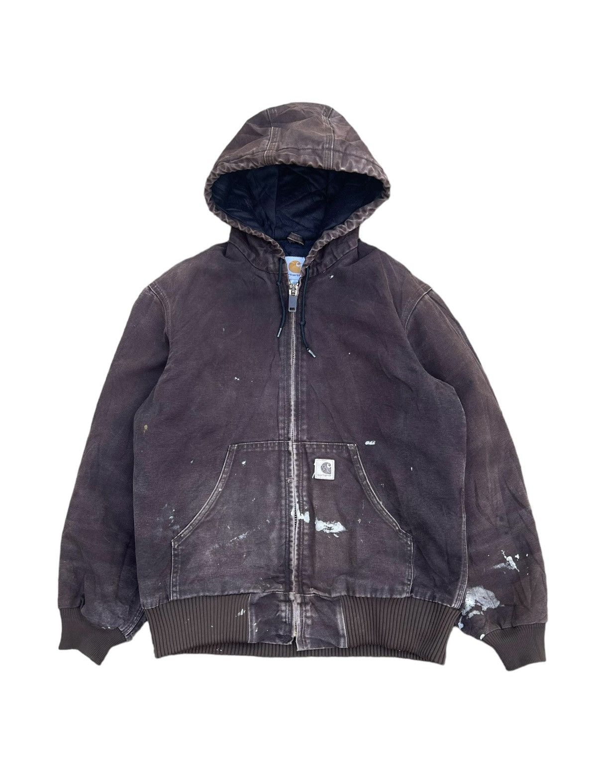 Vtg Faded Black Carhartt Heavy Duck Canvas Hooded Workwear Jacket Distressed 3XL