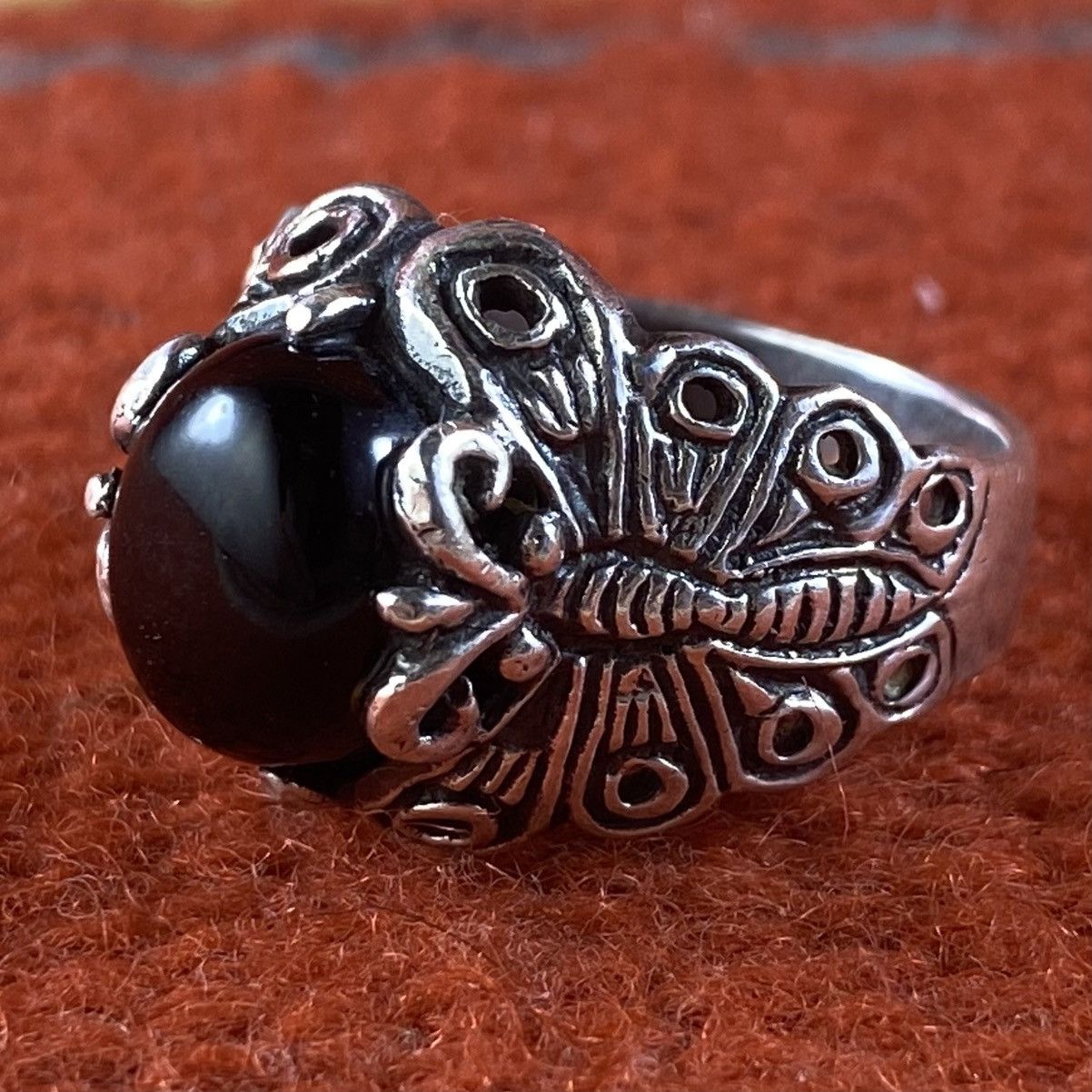 Japanese Brand × Kapital × Vintage Vtg Sterling Silver Black Onyx Chunky Butterfly Signet Ring Size ONE SIZE - 3 Thumbnail