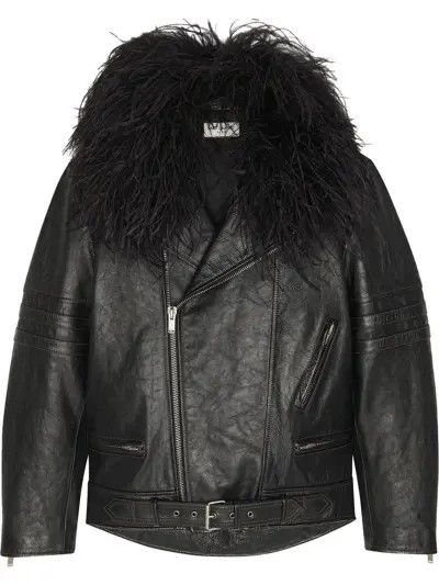 Saint Laurent Paris o1b1hav110924 Biker Jacket in Leather and Feathers in Noir Size M / US 6-8 / IT 42-44 - 7 Thumbnail