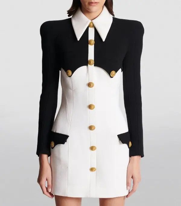 Balmain o1s1wg110825 Wool Crepe Mini Dress in White/Black Size L / US 10 / IT 46 - 2 Thumbnail