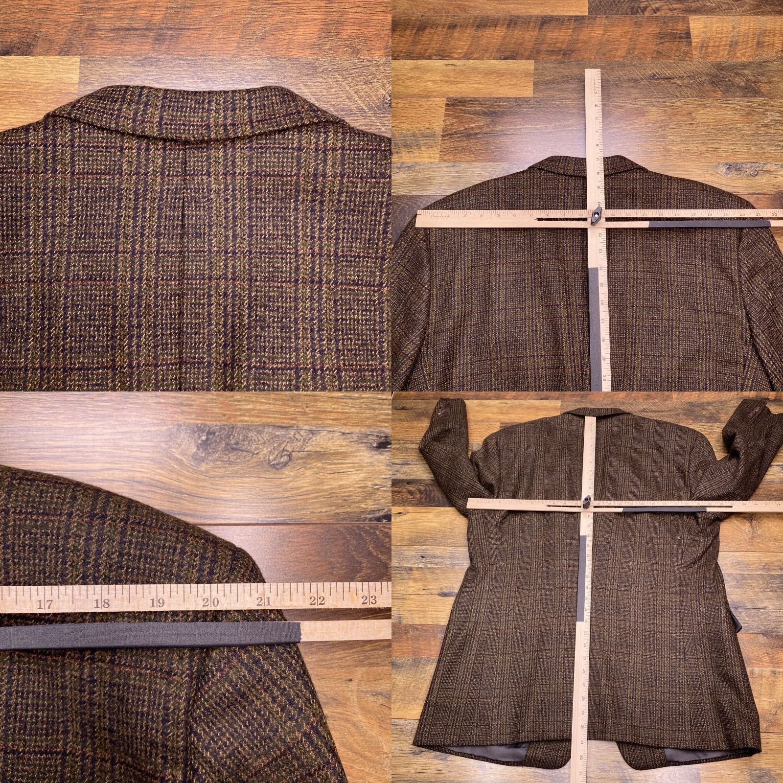 Vintage Hickey Freeman Blazer Sport Coat 45R Wool Tweed Plaid Brown Notch Single-Breasted Three-Button Mens Regular Vintage Brown Plaid Wool Blazer Size 48R - 9 Thumbnail