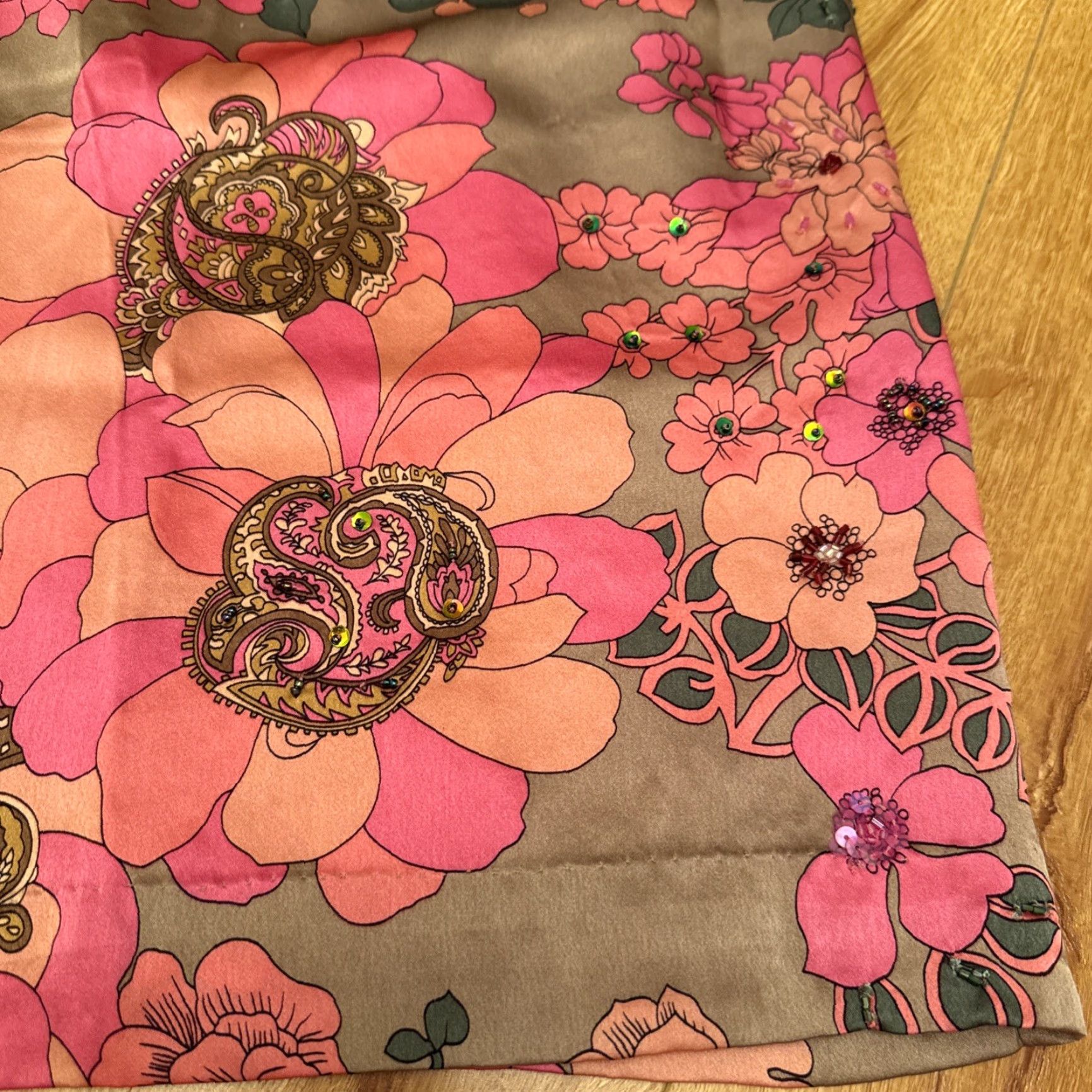 Pinko VINTAGE Plenty Silk Pencil Skirt Beaded Floral Satin Pink 90s Y2K Knee Length Womens Regular Large Yellow Size 36" / US 14 / IT 50 - 3 Thumbnail