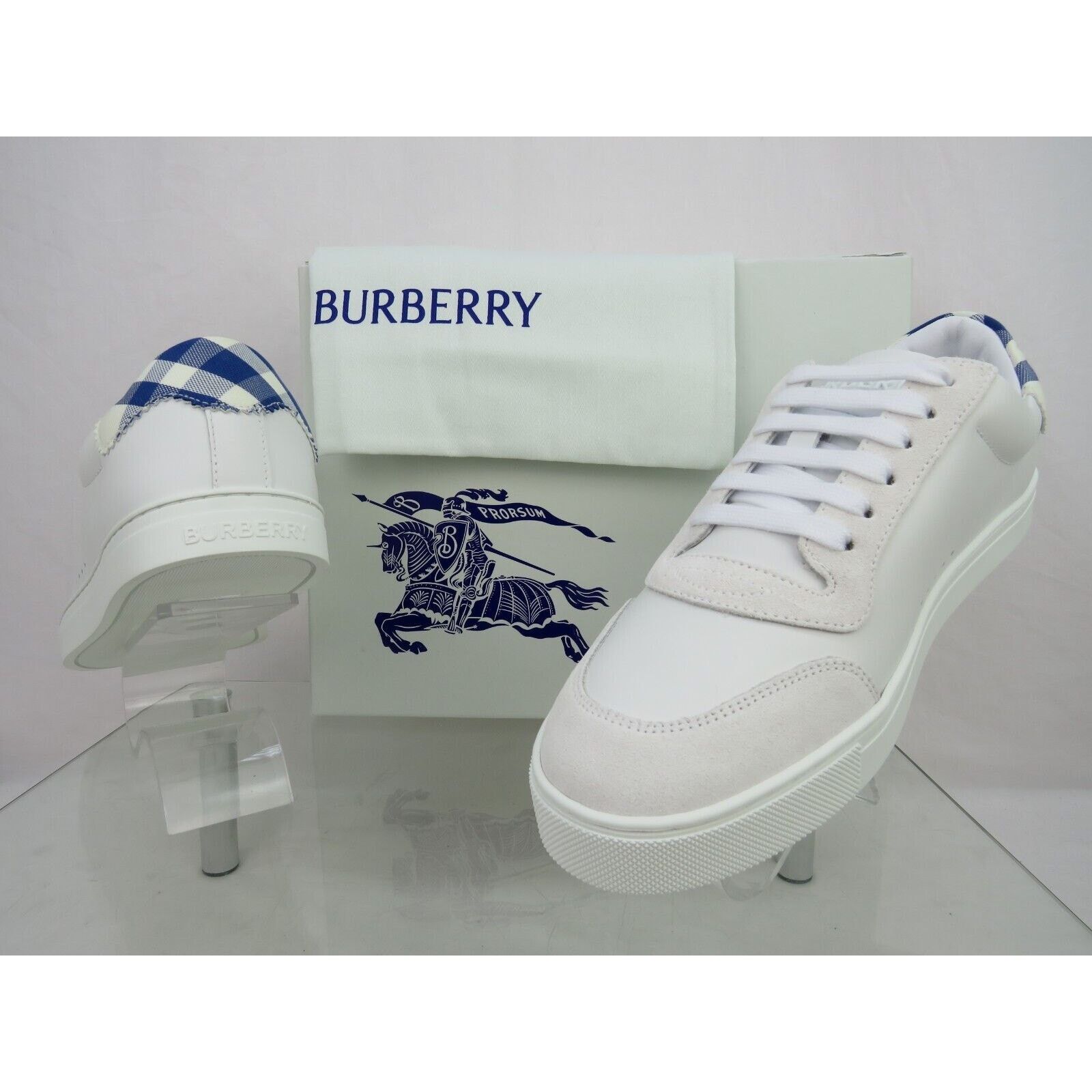 Burberry BURBERRY ROBIN WHITE BLUE CHECK LTH LOW LOGO SNEAKERS 12 45 Size US 12 / EU 45 - 6 Thumbnail
