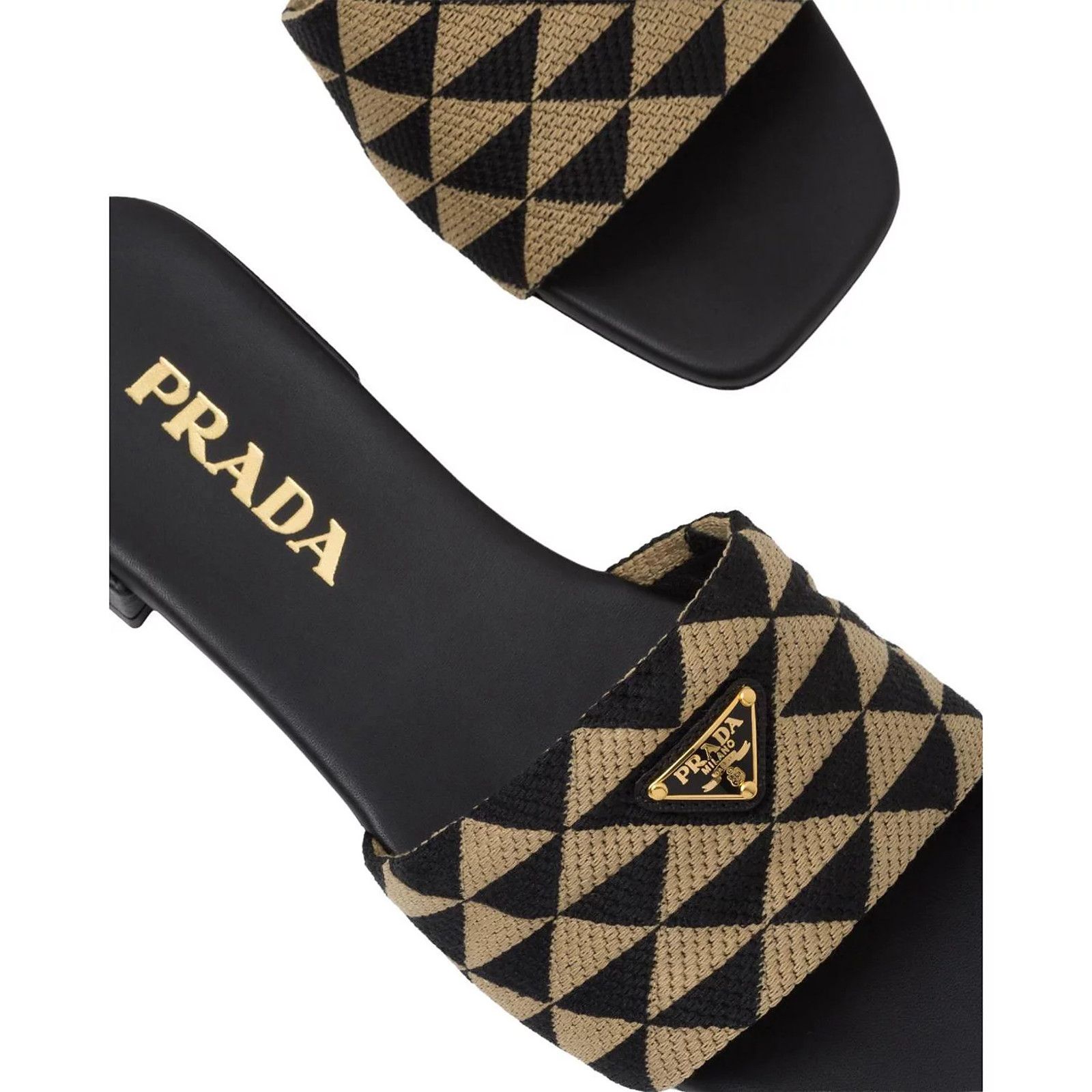 Prada Prada Jacquard Triangle Logo Black Beige Tan Leather Slide Size US 7.5 / IT 37.5 - 9 Thumbnail